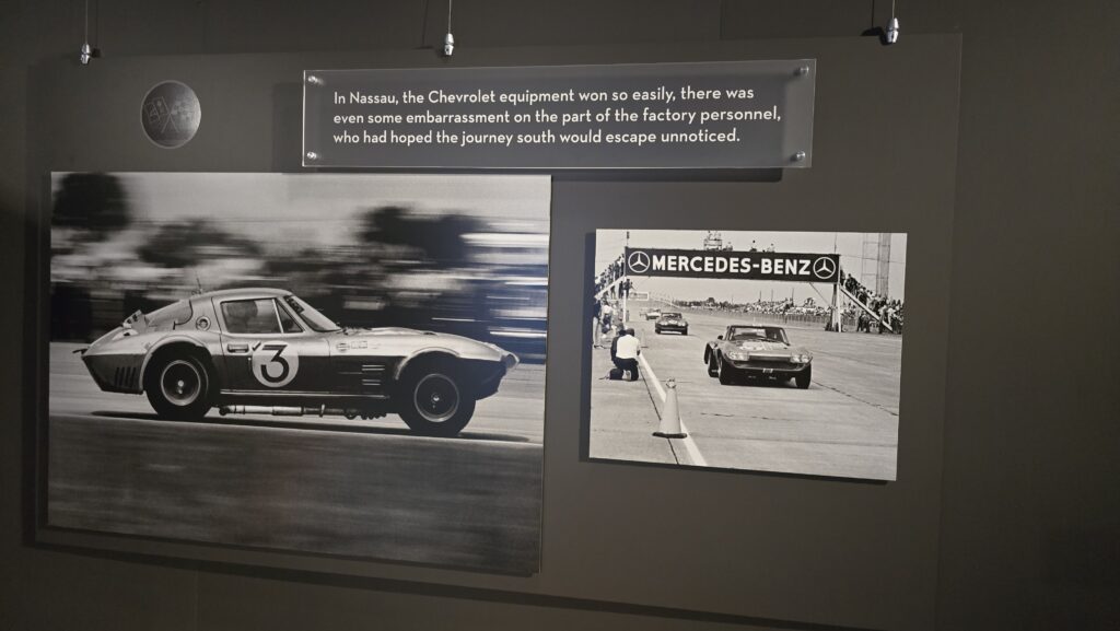 Revs Institute Museum wall display of the 1963 Corvette Grand Sport in racing action at Nassau.